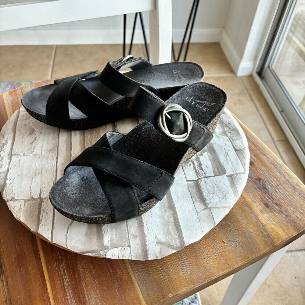 Dansko Leather Criss Cross Straps Wadge‎ Sandals Black 39 Adjustable Straps - Picture 2 of 11